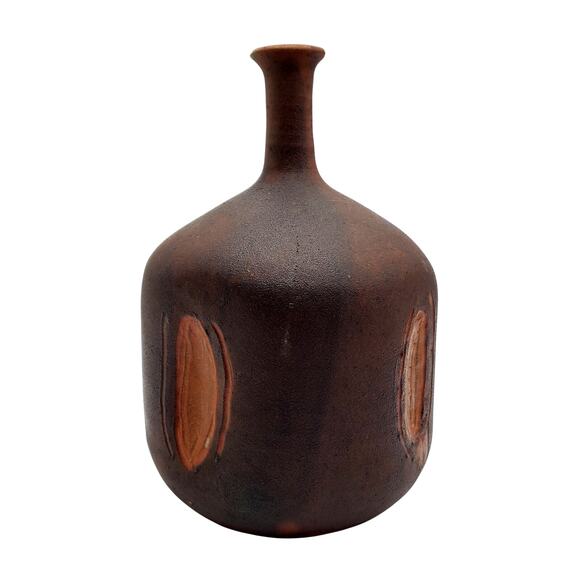 Modernist Ceramic Bottle Neck Vase Scandinavian Brown Signed Pottery Denise 1977 - Picture 3 of 13